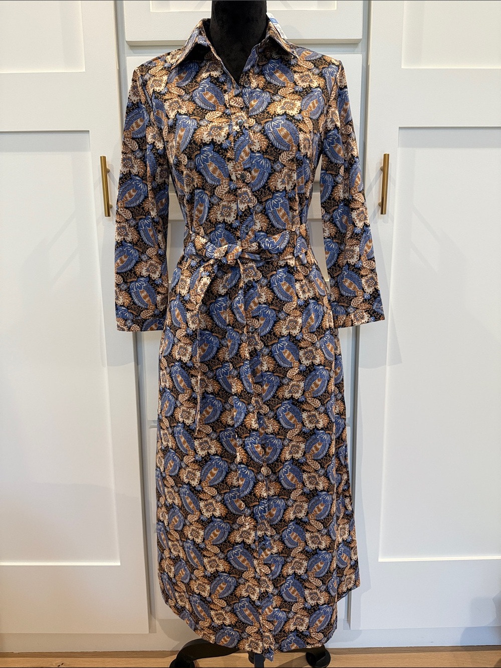 J. McLaughlin Blue and Brown Paisley Long-Sleeve Shirt Dress